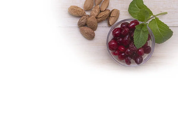 Fresh Ripe Red Berries Nuts Light Background — Foto de Stock