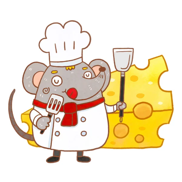 Vector Ilustración Del Ratón Chef Cerca Queso —  Fotos de Stock