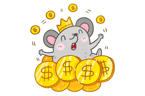 Vector Illustration Mouse Crown Surrounded Golden Coins — Stock Photo, Image