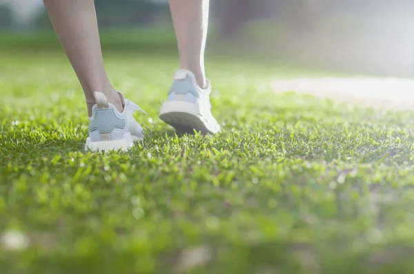 Fitness Health Concept Running Shoes Woman Standing Grass — Stock Photo, Image