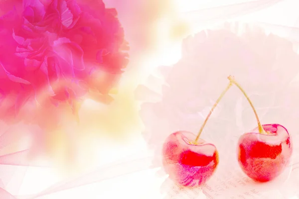 Card Beautiful Floral Elements Pink Flowers Cherries — Fotografia de Stock
