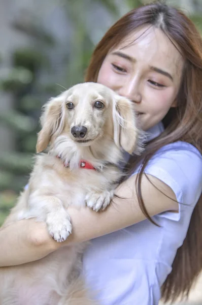路上で犬を飼っている若いアジアの女性 — ストック写真