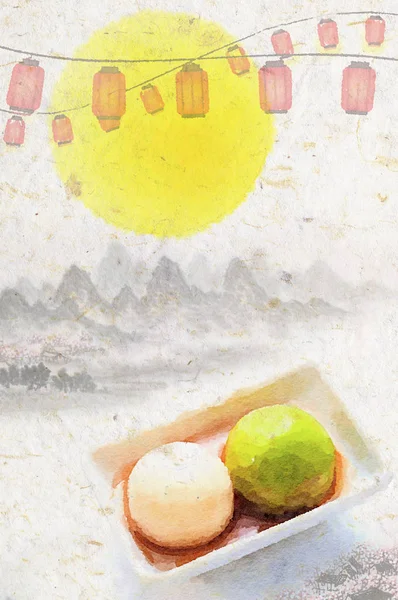 Aquarellmalerei Eines Gourmetgerichts Und Roter Laternen — Stockfoto