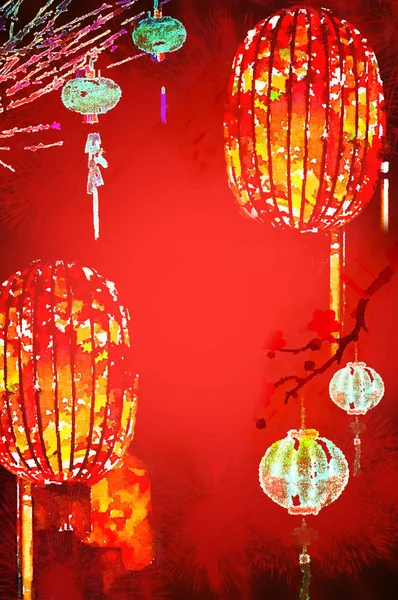 Çin Kırmızı Fenerleri Yeni Yıl Kartı — Stok fotoğraf