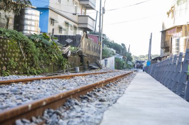 bottom view shot of railway in small town
