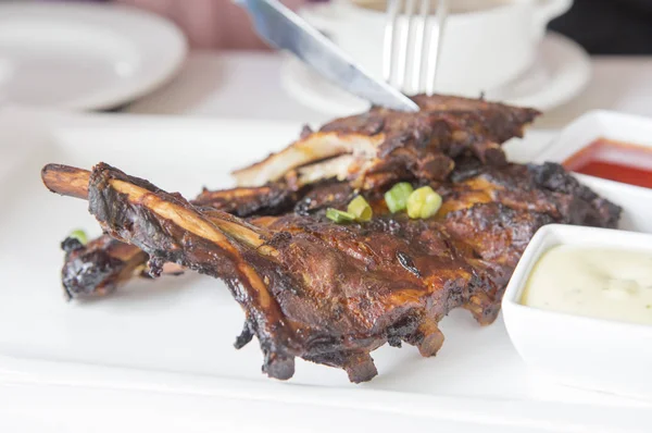 Filete Pierna Costilla Cordero Con Tenedor — Foto de Stock