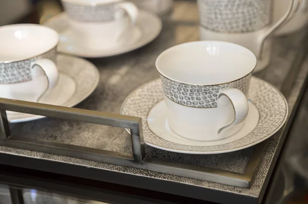 Empty White Ceramic Cups Table — Stockfoto
