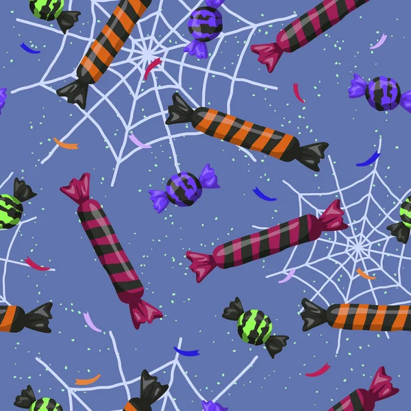 Halloween seamless pattern with funny cartoon spider webs and candies