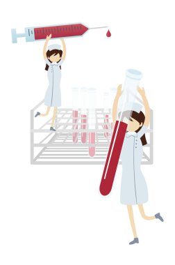 nurses with blood syringe and flask banner stylish illustration