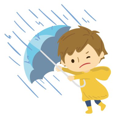 Şemsiyeli küçük çocuğun çizgi film çizimi 