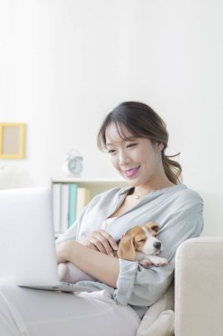 Köpeği yakınlardayken dizüstü bilgisayar kullanan mutlu bir kadın.