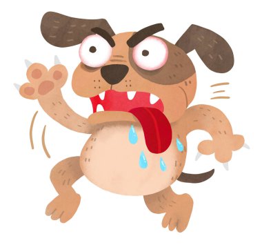 Beyaz arka planda izole edilmiş komik çizgi film kızgın köpek karakteri çizimi.