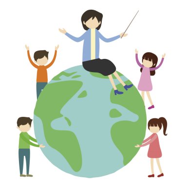 teacher on globe with kids around banner stylish illustration