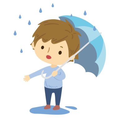 Şemsiyeli küçük çocuğun çizgi film çizimi 