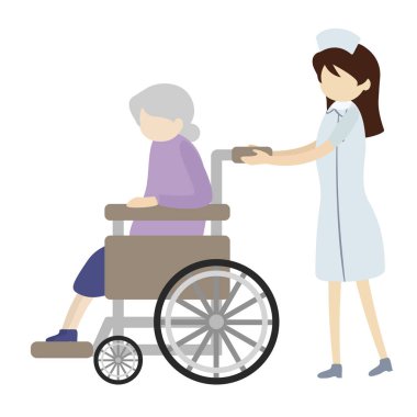 Hemşire yaşlı bir kadının tekerlekli sandalyeye oturmasına yardım ediyor.