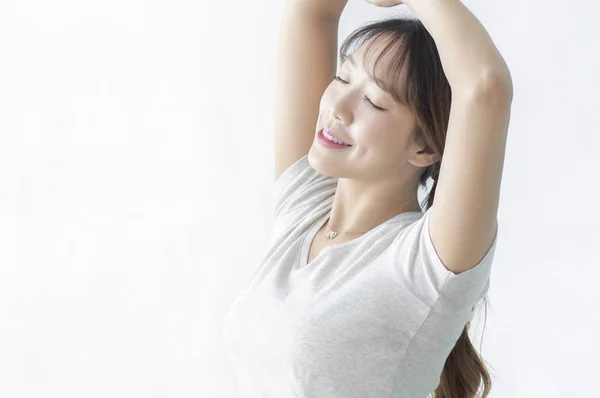 Happy Asian Girl Stretching Hands — Stock Photo, Image