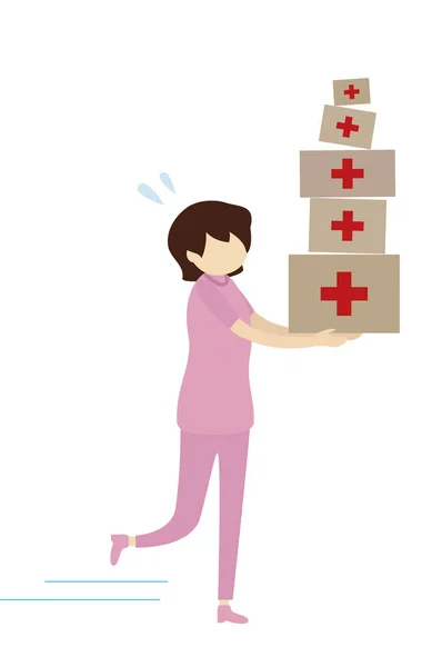 Krankenschwester Hält Schachteln Mit Rotem Kreuz Isoliert Auf Weißem — Stockfoto