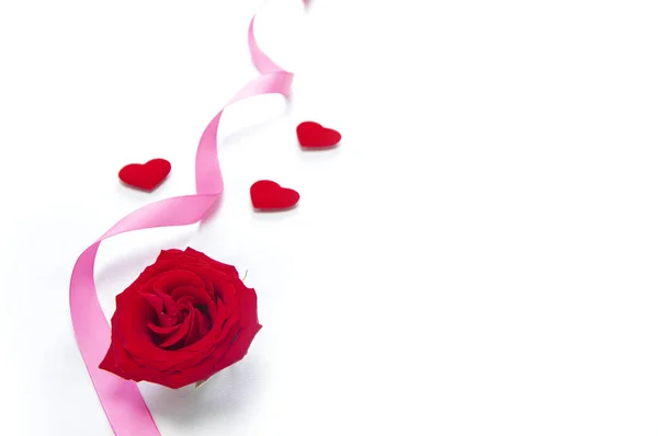 Valentinskarte Mit Rosa Schleife Rotem Herz Und Blume Valentinstag — Stockfoto