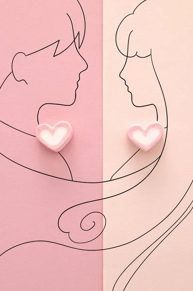 Ζωγραφισμένο Στο Χέρι Ζευγάρι Και Καρδιές Ροζ Φόντο — Φωτογραφία Αρχείου
