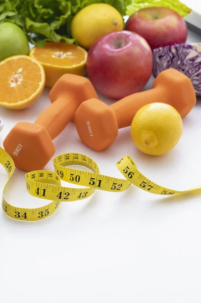 Fresh Fruits Vegetables Weights Measuring Tape White Background — Stock Photo, Image