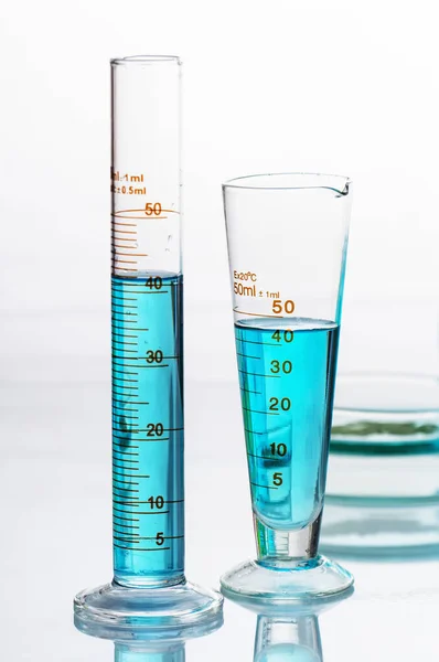 Flasks Blue Liquids Chemical Laboratory — Stock Photo, Image