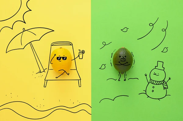 Roliga Seriefigurer Citron Med Lime Och Vädersymboler — Stockfoto