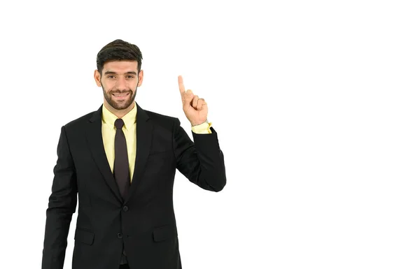 若いハンサムな笑顔のビジネスマンは彼の指を指している 白人を背景に孤立した中東の実業家 — ストック写真