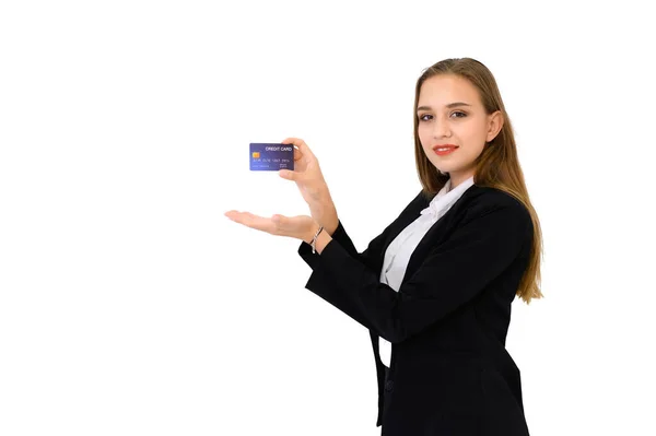 Young Businesswoman Holding Credit Card Right Hand Isolated White Background — Stock Photo, Image