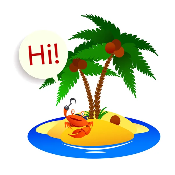 Crab pirate on a desert island with palm trees — Stock Vector