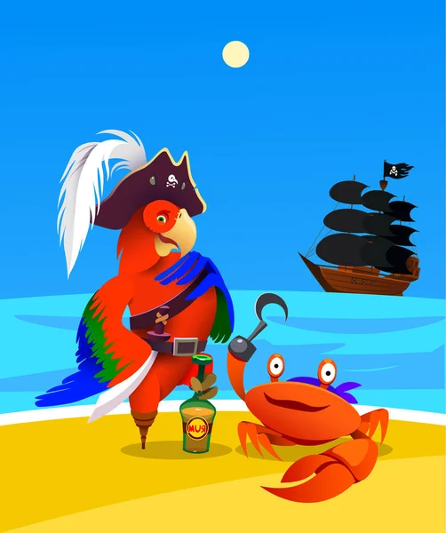 Papuga pirat kreskówki i kraba. Projektowanie znaków — Wektor stockowy