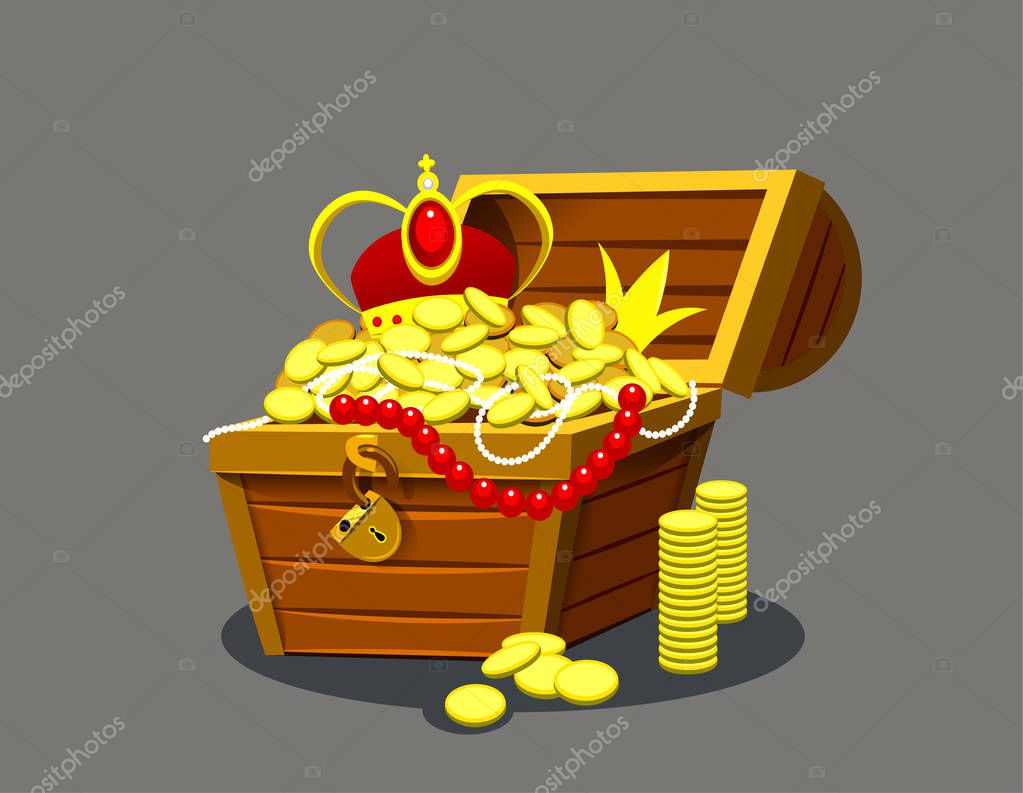 Cartoon, logo, icon chest with jewels. Vector illustration