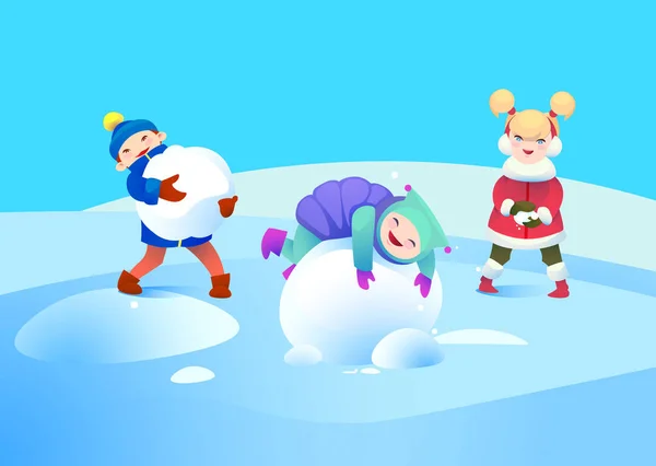 子供たちは、雪と遊ぶ。冬の休日 — ストックベクタ