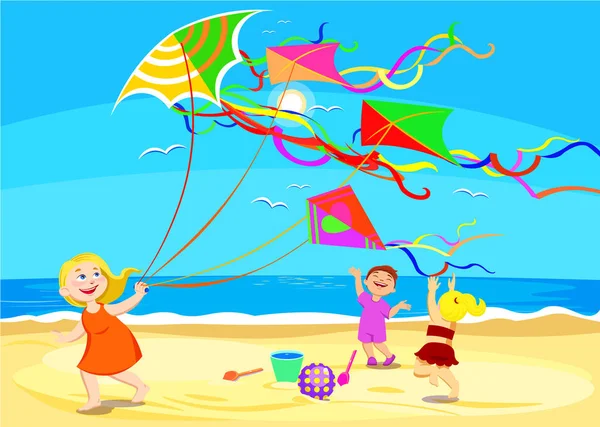 Cartoon characters play on the beach with kites. Vector — Stock Vector
