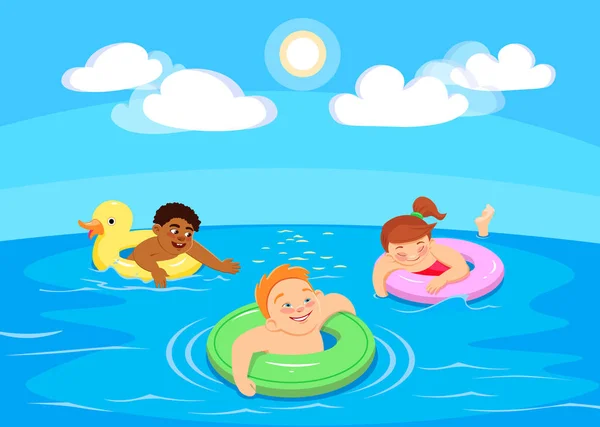Cartoon children characters swim in the sea. Vector — Stock Vector