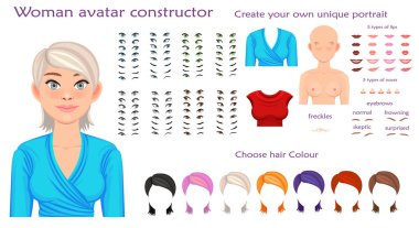 Vektör kadın avatar yapıcı karakter oluşturma kümesi