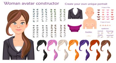 Vektör kadın avatar yapıcı karakter oluşturma kümesi