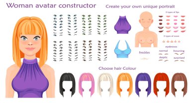 Vektör kadın avatar yapıcı karakter oluşturma kümesi