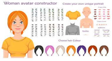 Vektör kadın avatar yapıcı karakter oluşturma kümesi