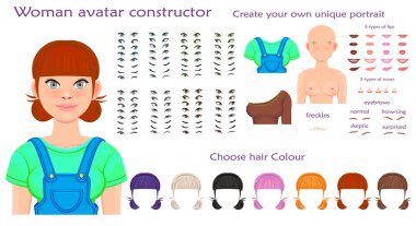 Vektör kadın avatar yapıcı karakter oluşturma kümesi