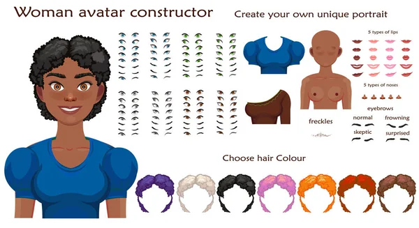 Vektör afrika kadın avatar yapıcı karakter oluşturma seti — Stok Vektör
