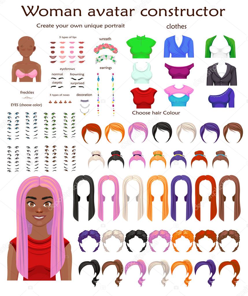 African woman avatar constructor. character creation set. Icons with different types of faces, emotions. Vector illustration