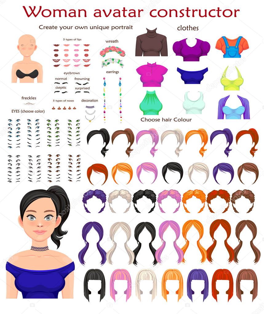 Woman avatar constructor. character creation set. Icons with different types of faces, emotions. Vector illustration