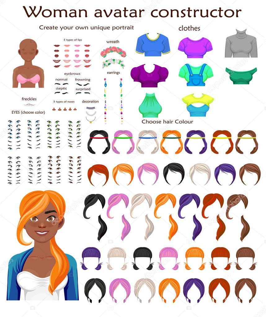 African woman avatar constructor. character creation set. Icons with different types of faces, emotions. Vector illustration