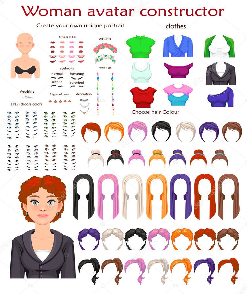 Woman avatar constructor. character creation set. Icons with different types of faces, emotions. Vector illustration
