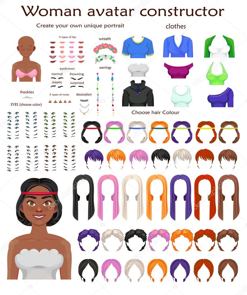 African woman avatar constructor. character creation set. Icons with different types of faces, emotions. Vector illustration