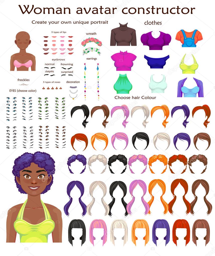 African woman avatar constructor. character creation set. Icons with different types of faces, emotions. Vector illustration