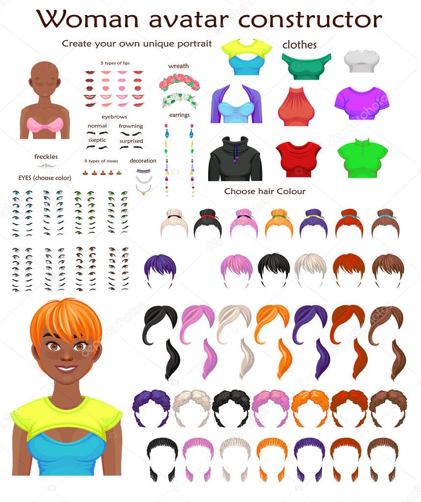 African woman avatar constructor. character creation set. Icons with different types of faces, emotions. Vector illustration