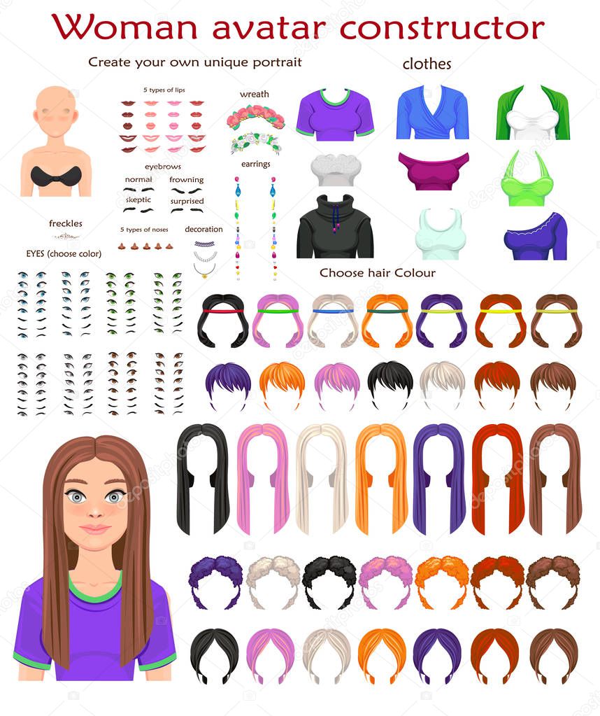 Woman avatar constructor. character creation set. Icons with different types of faces, emotions. Vector illustration