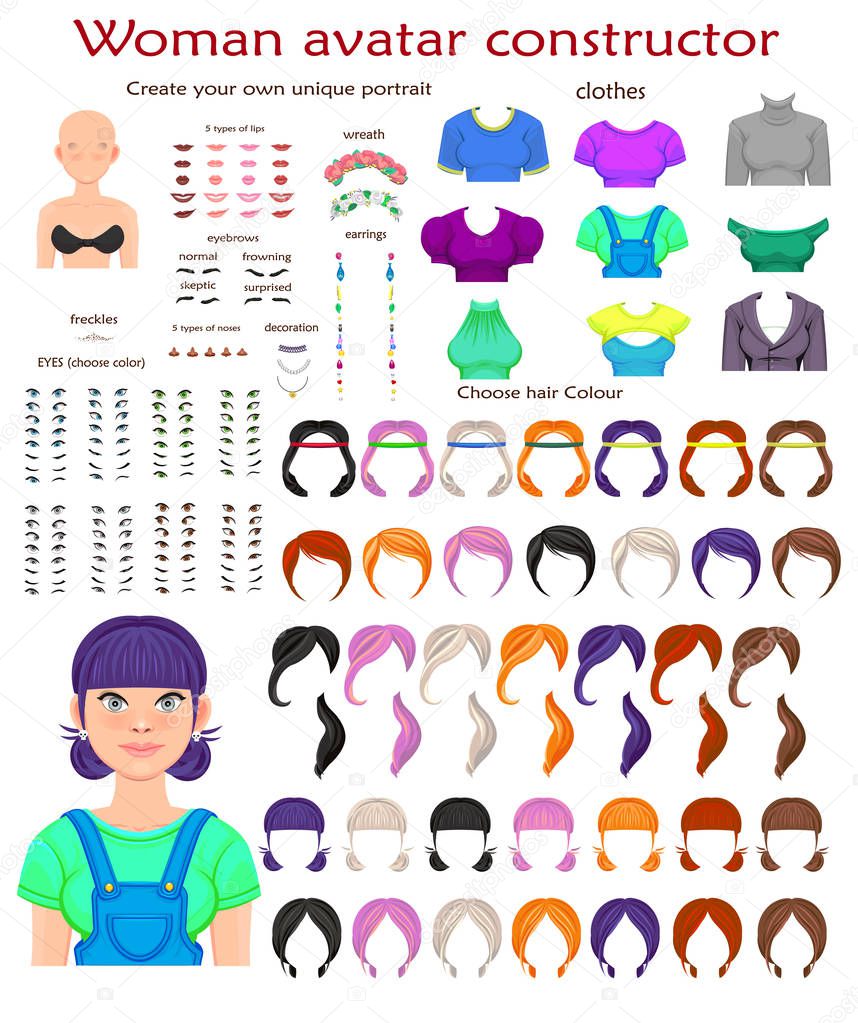 Woman avatar constructor. character creation set. Icons with different types of faces, emotions. Vector illustration