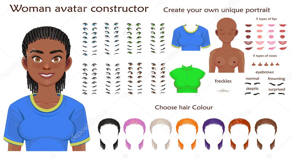 Vector african woman avatar constructor character creation set